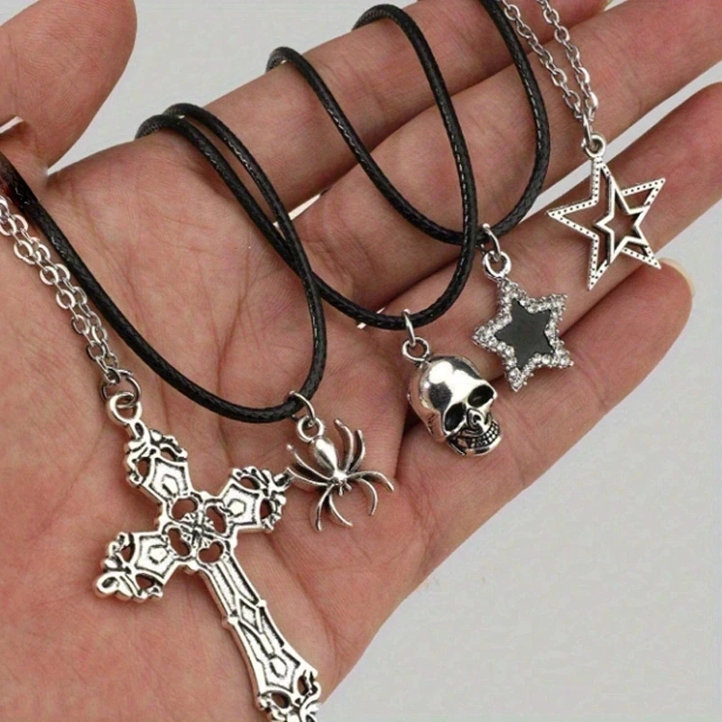 5Pcs Gothic Cross & Skull Pendant Necklace Set, Silver Tone with Spider & Star Charms, Punk Layered Necklaces for Men & Women, I