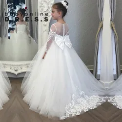 BABYONLINE Communion Girl Dress Lace Appqulies Bodice Floor-length Skirt Puffy Dress with Long Train Formal Party Toddler Clothe