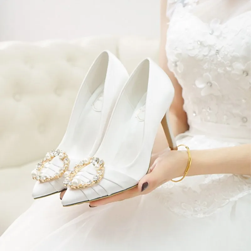 White Pumps Women Pearl Rhinestone Round Buckle Pointed Toe Slip-on Stiletto High Heels Bride Satin Dress Shoes Large Size 31-43