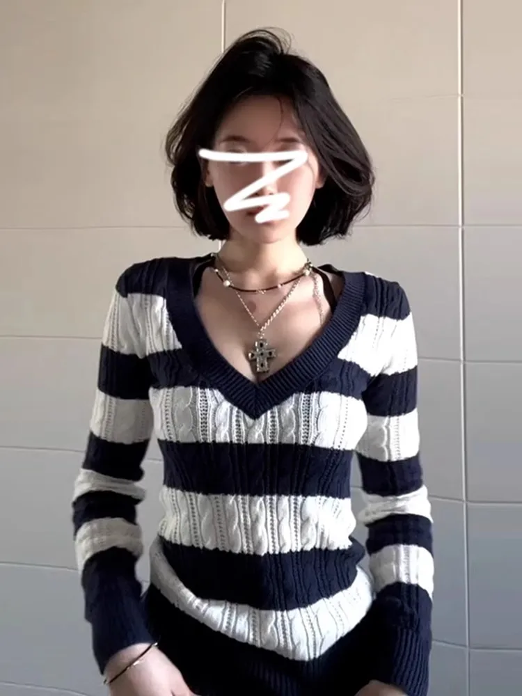 

Women Striped Contrast Color Slim Casual Pullovers Sweet and Elegant Ladies Woman Pullovers Loose Simple Basic Top Female