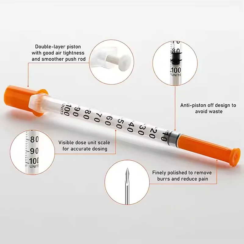 Jeringa  insulina sechable, 100 Uds., 1ml/cc, 30G, con aguja  8mm, inyector esterilizado naranja envuelto Individual