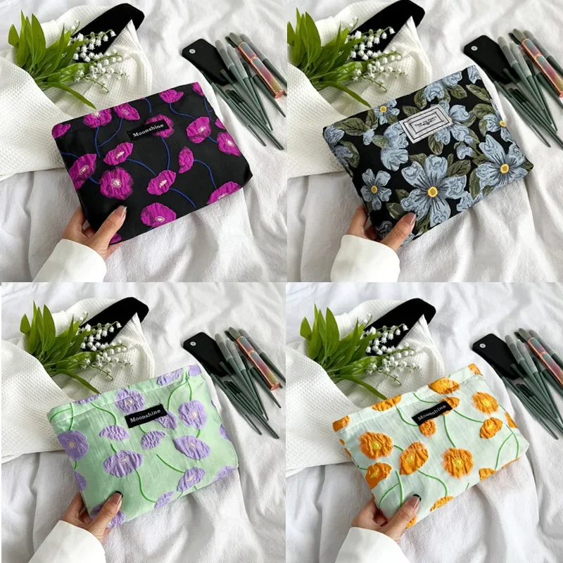 New Fashion Color-Match Floral Jacquard Cosmetic Bag Travel Makeup Pouch Skincare Toiletry Organizer Clutch Wash Bag Pencil Bag