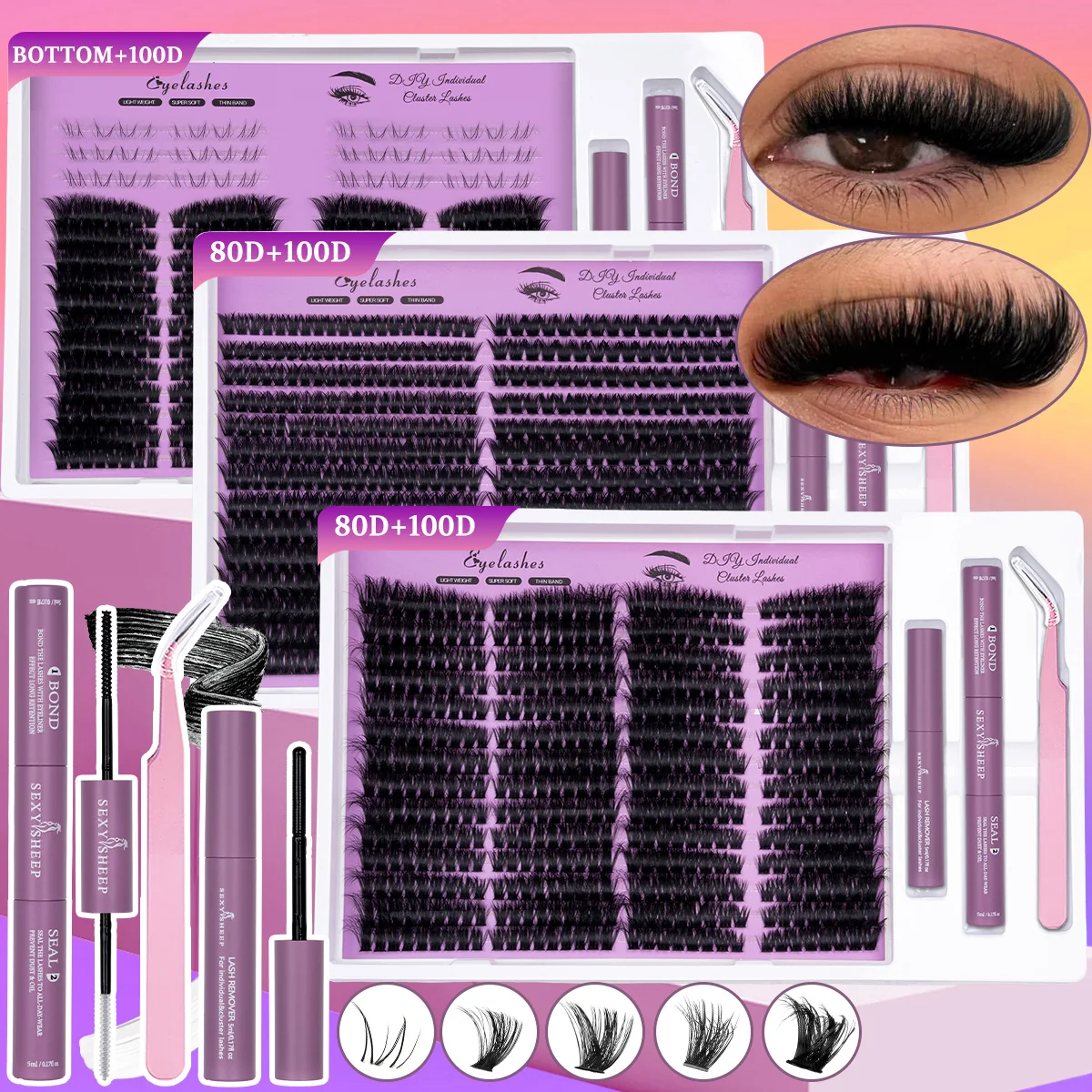 DIY Lash Clusters Kit Wispy Lashes Extensions Natural Volume Individual Lashes Kit with Bond&Seal Glue Remover Tweezer