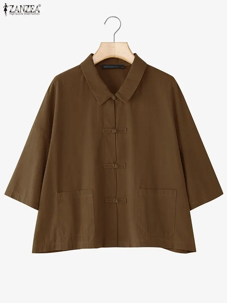 

Женские винтажные хлопковые льняные рубашки с пуговицами-лягушкой, рубашка с отложным воротником и рукавами 3/4, ZANZEA, осень 2022, повседневная одежда, S-3XL