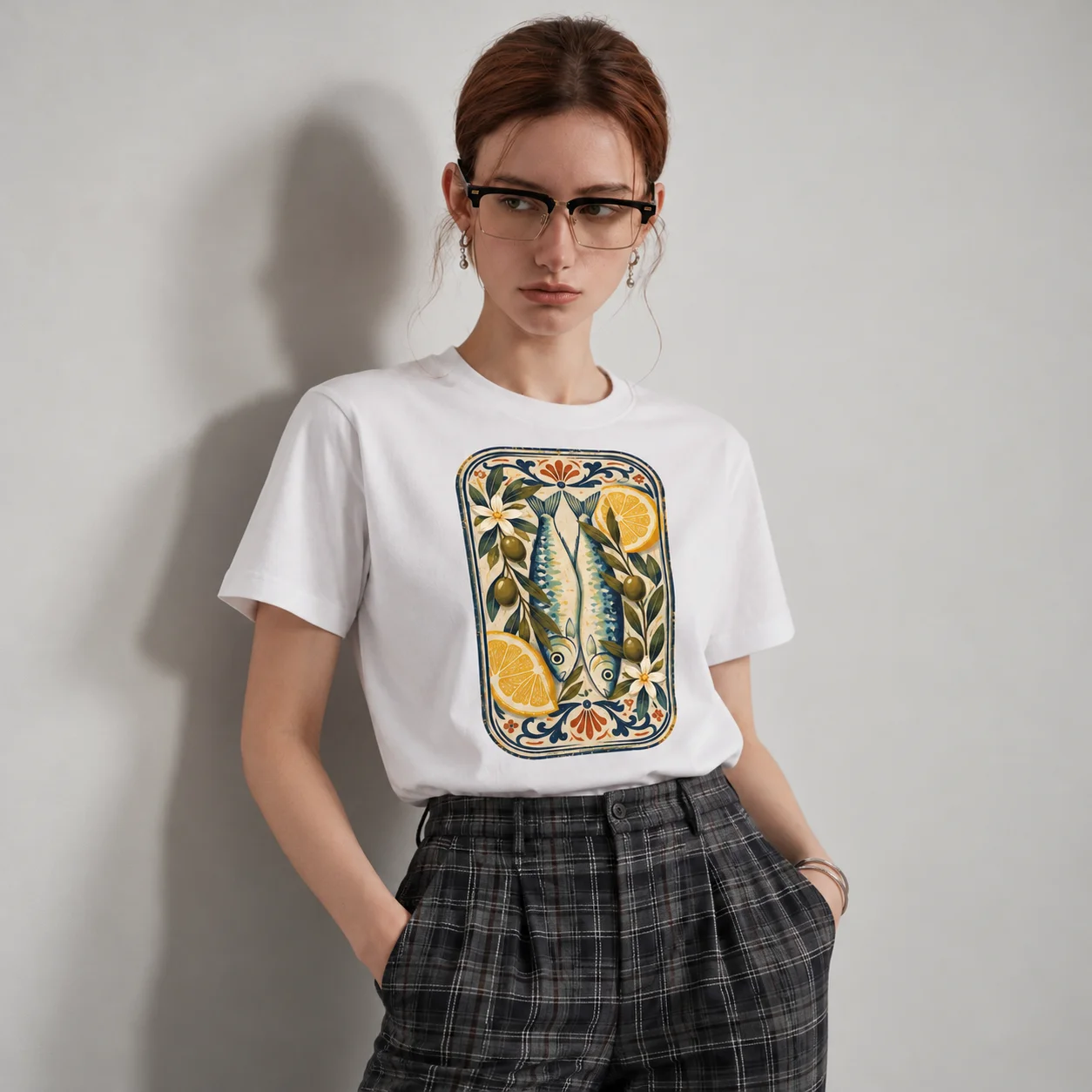 100% Cotton Mediterranean Sardine Lemon Olive Floral Graphic T-Shirt, Vintage Tile Print Tee For Summer Casual Holiday