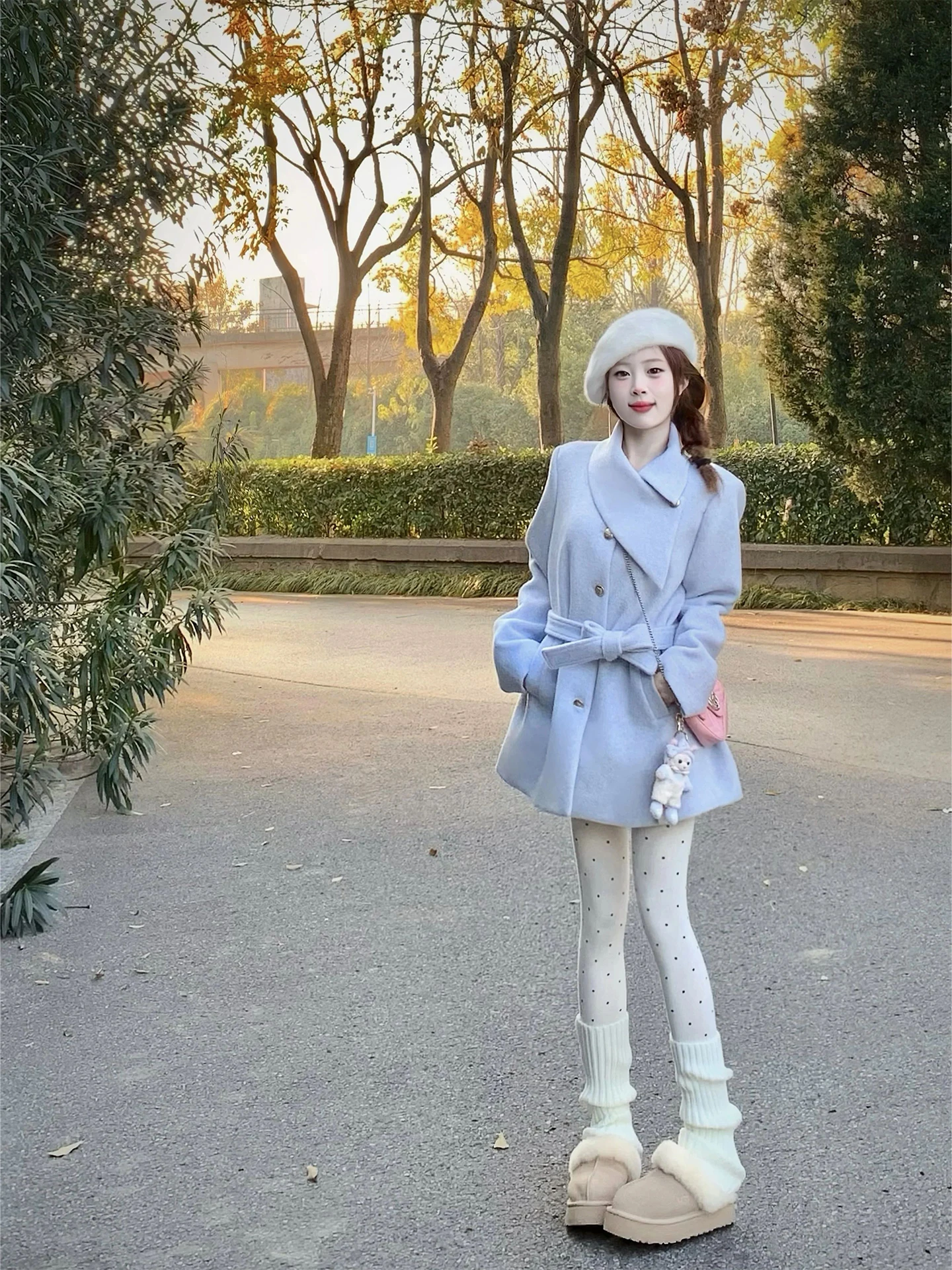 

Women's Thiened Blue Woolen Coat Winter New Sle Medium Length Belted Waist Inching Outwear Korean Sle Long Sve