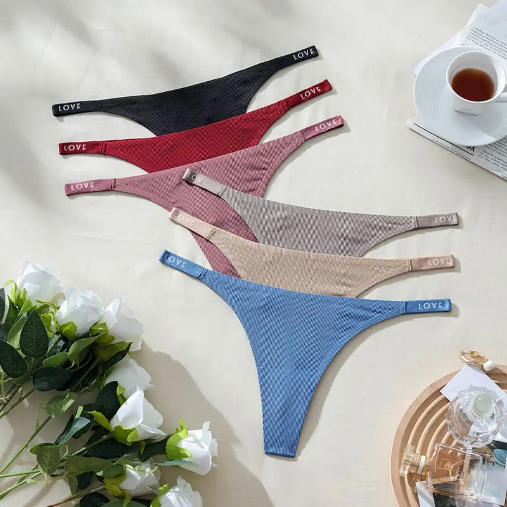 French Solid Color Ice Silk Panties Letter Cotton Crotch Women Panties Traceless Thong Low Waist Seamless Briefs Lady