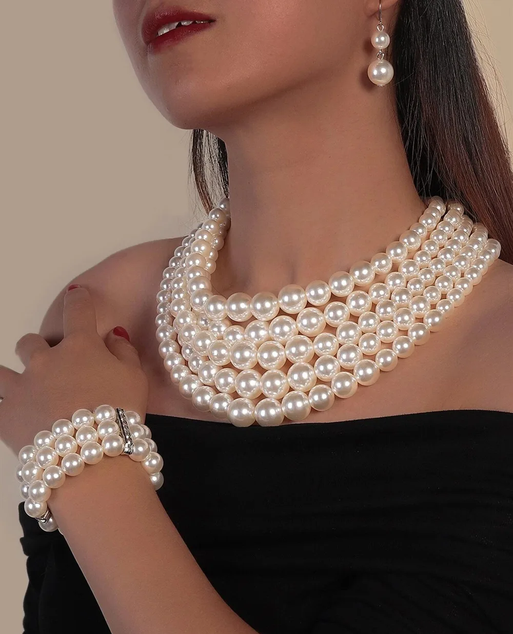 Black Jewelry European and American Imitation Pearl Necklace Three-piece Amazon Source Bridal Jewelry Pearl Necklace