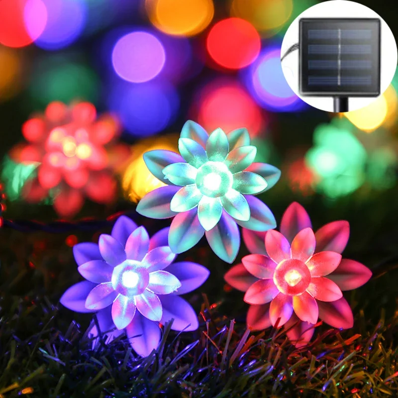 Solar Garlands Light 5-12m Lotus Peach Flower Solar Lamp Power LED String Fairy Lights Garden Wedding Decor for Outdoor