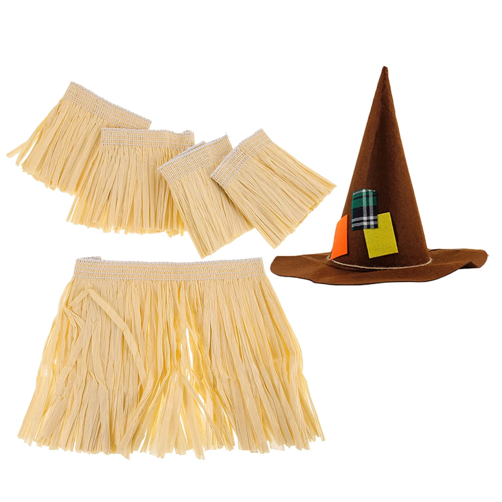 

5 Pieces Raffia Skirt Set Adult Hawaiian Costume Grass Skirts for Men Women Party Performance Props Summer Theme Decor