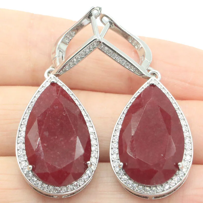 42x18mm Prevent Allergy Big Gemstone Real Blue Sapphire Red Ruby CZ Women Dating Silver Earrings