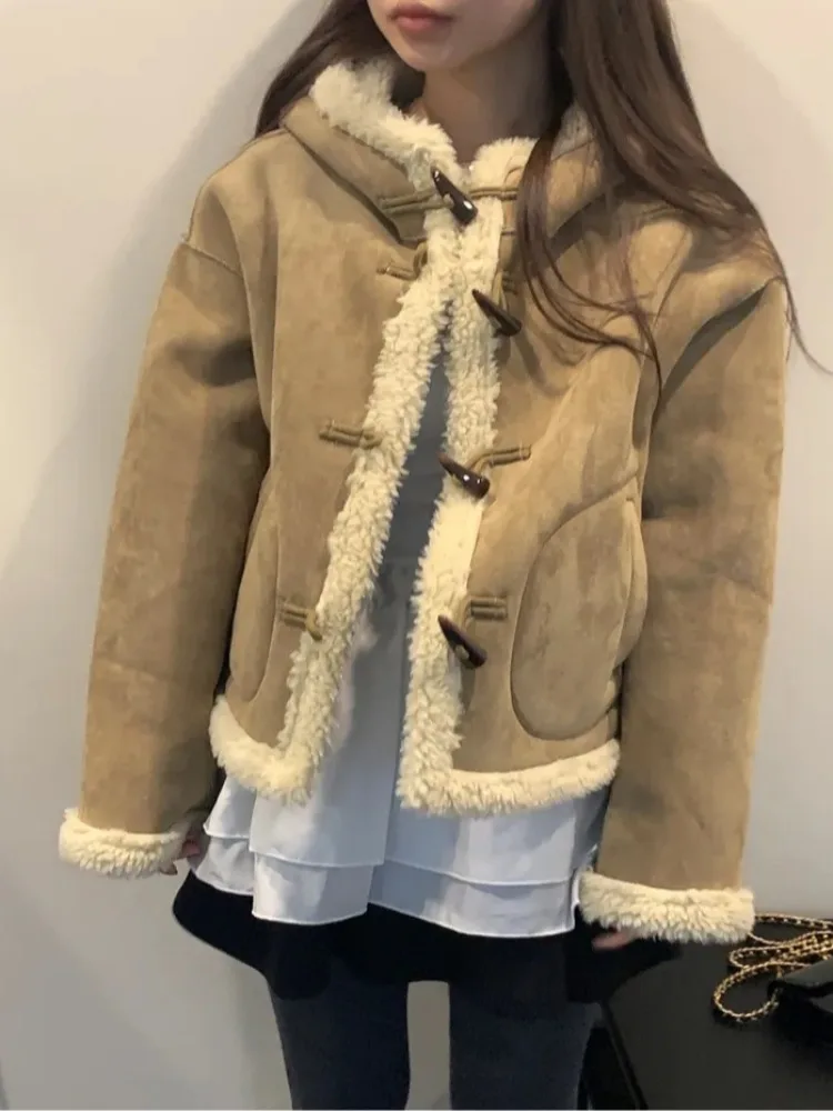 Sli مكافحة الشيخوخة القرن زرر الجلود الفراء Inteated مقنعين Jaet ort Thiened المرأة الملابس القطنية العصرية #1
