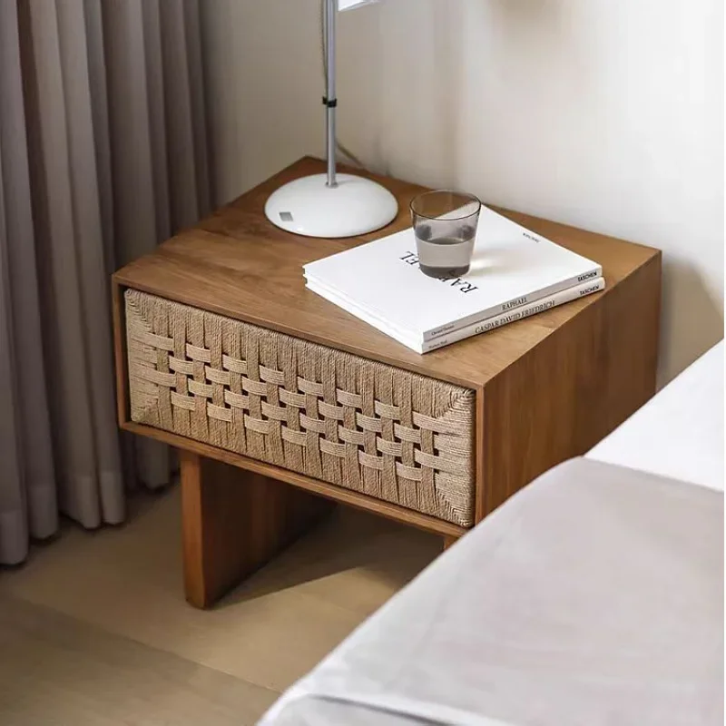 

Home hotel, woven rope furniture, solid wood bedside tables, drawers, side tables, square, simple, small cabinets