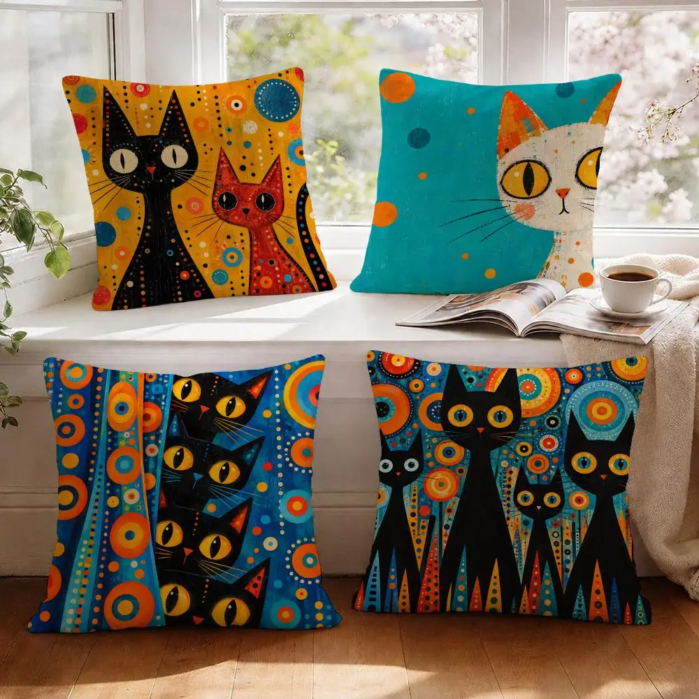 Night Cat Wall Art Cushion Cover 1/4Pcs Linen Throw Pillow Covers Double-Side Print Sofa Couch Living Room Decor