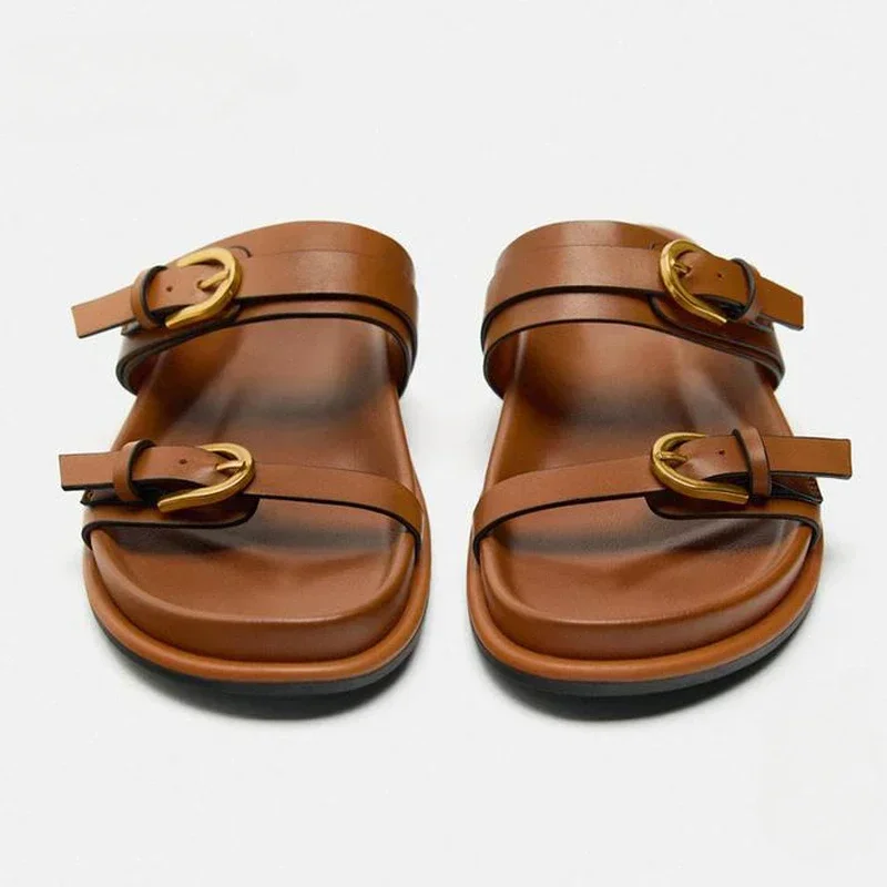 

2024Flat Sandals Woman Black Brown Metal Buckle Flat Sandals Summer Women Sandals Straps Round Toe Flat Slingback Shoes