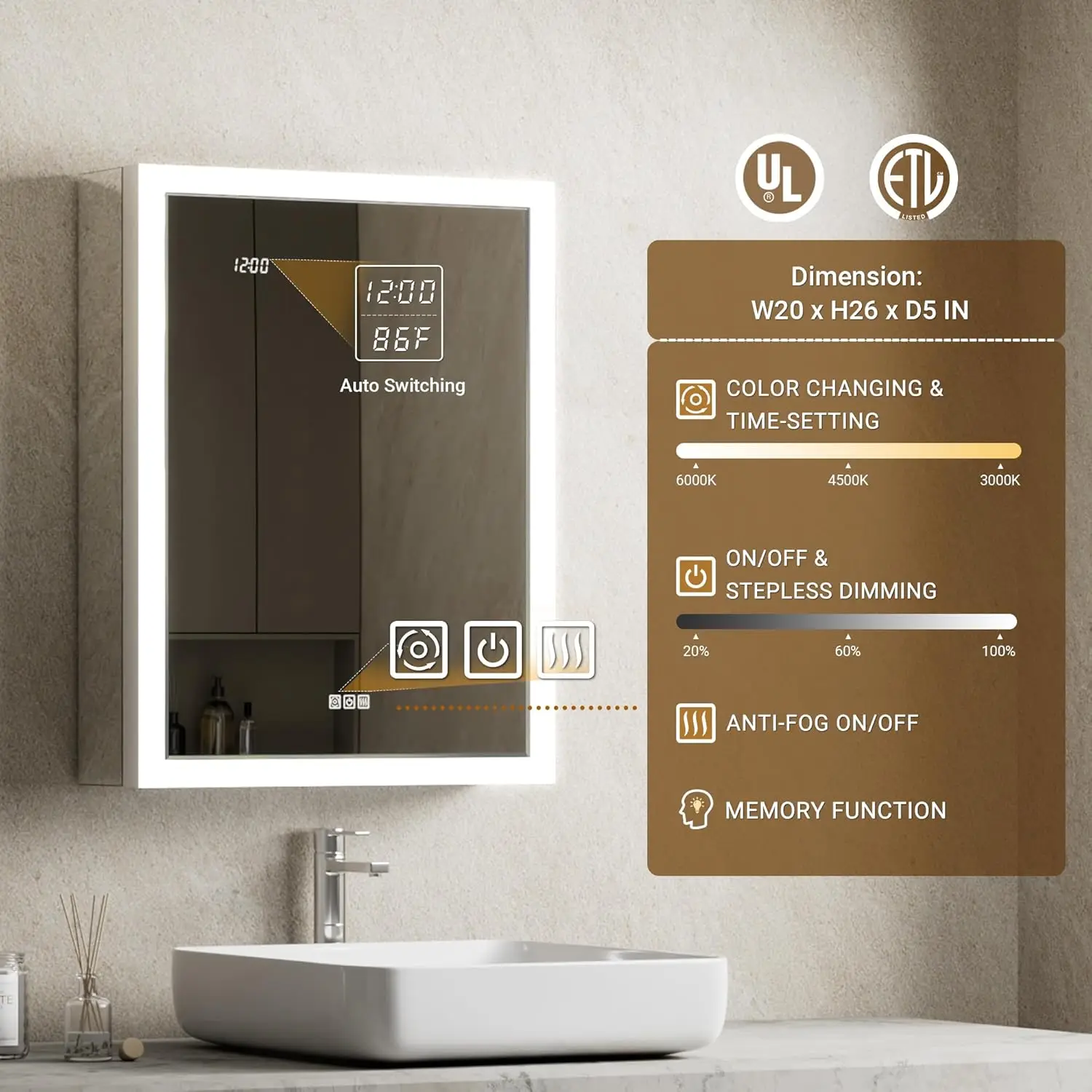 Lighted Medicine Cabinet with Mirror & Clock -20x26 Surface or Recessed Aluminum Medicine Cabinet with Dimmable, Customized