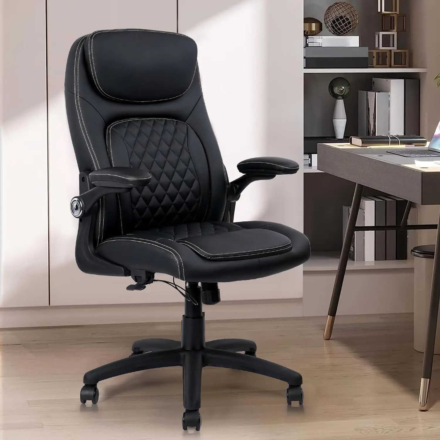 CLATINA Executive Office Chair PU Leather with Adjustable Flip-up Armrests, High Back Ergonomic Computer Task Chair with Lumbar