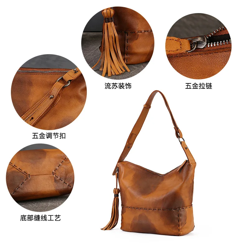 فريدة من نوعها شرابة لهجة يدويا المتعثرة جلد طبيعي المتشرد محفظة المرأة خمر حقائب كتف جلد البقر #5