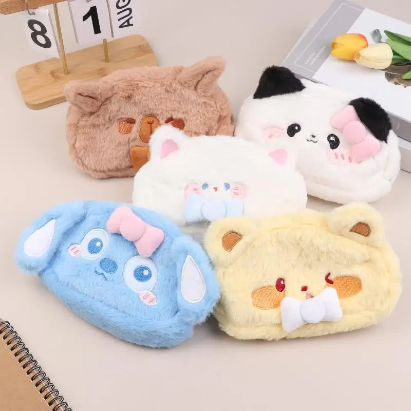 Astuccio per matite in peluche con fiocco di cartone animato Borsa per cancelleria di grande capacità Bella borsa per cosmetici in peluche Regali di compleanno di Natale