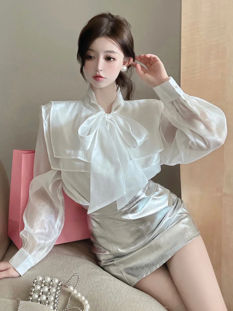 Vintage Blouse for Women Temperament Ladies Tops Bandage Bow Puff Sleeve Loose White Blouses Shirts 2024 Blusas Mujer De Moda