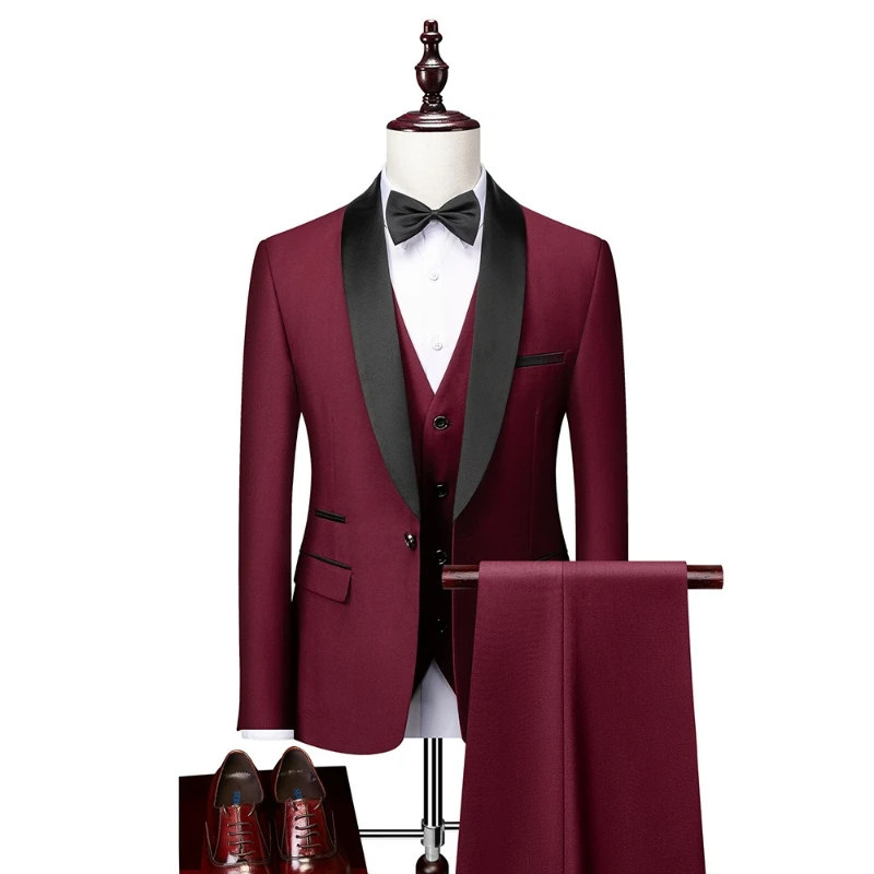 

Size Men Lapel Black Collar 3 Pcs Suit Set Coat Vest Trousers / Business Groom Wedding Dress Fprmal Blazer Pants Waistcoat