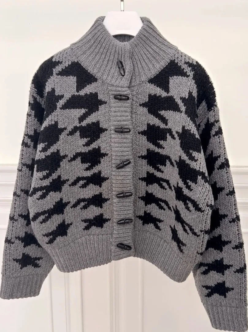 Thiened Knitted Sweater Coat for Women with Horn Buttons Stand Collar Open Cardigan Warm Fluffy Outerwear for Autumn And Wi...