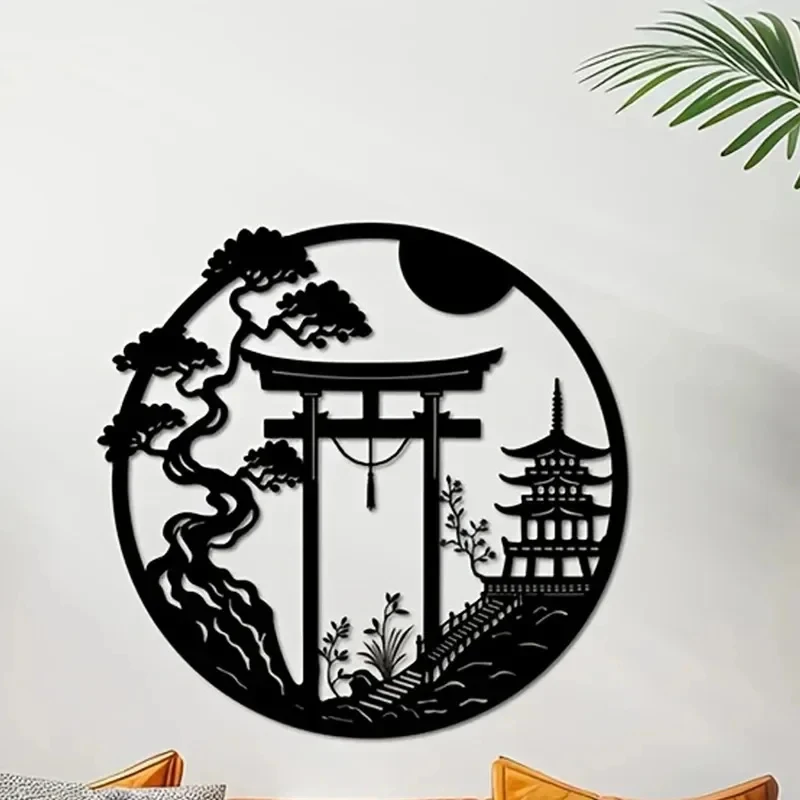 Elegant Japanese Bird & Torii Gate Metal Wall Art Modern Home Office Decor Easy-to-Hang Sparrow Door Sculpture Fashion New 1pc