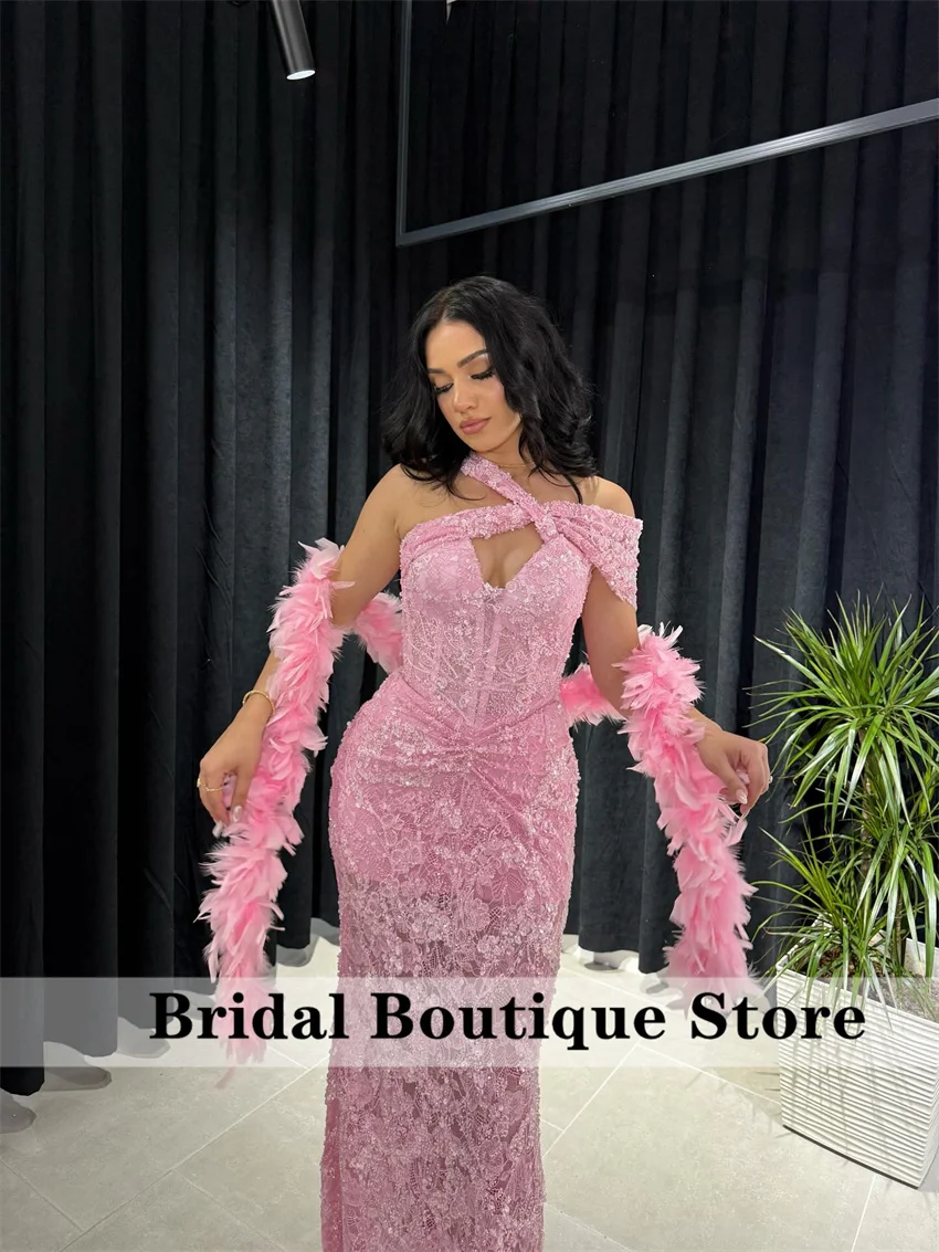 

Elegant Pink Evening Dress 2025 Feathers Birthday Party Vestidos Long Prom Gown Dubai Wedding Party Gown Customized