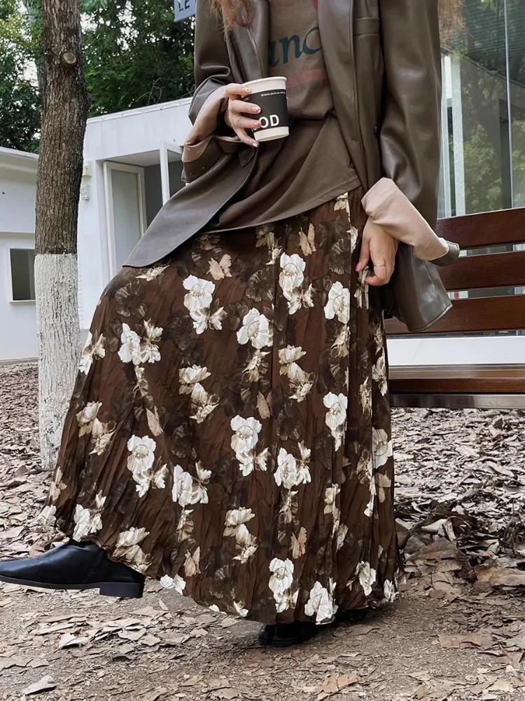

Vintage Print Long Skirt Women 2025 Spring High Waist Folds Large Swing A-line Skirts Elegant Fashion Versatile Faldas