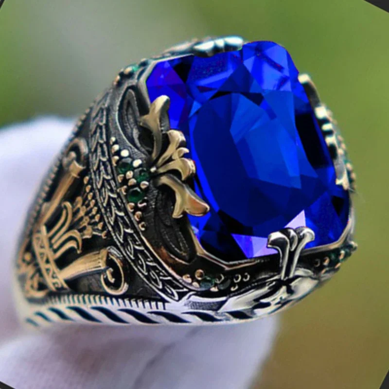 Inlaid Emerald Men\'s Luxury Ring Personality Retro Domineering Gem Sapphire Ring To Attend The Banquet Party Business Jewelry