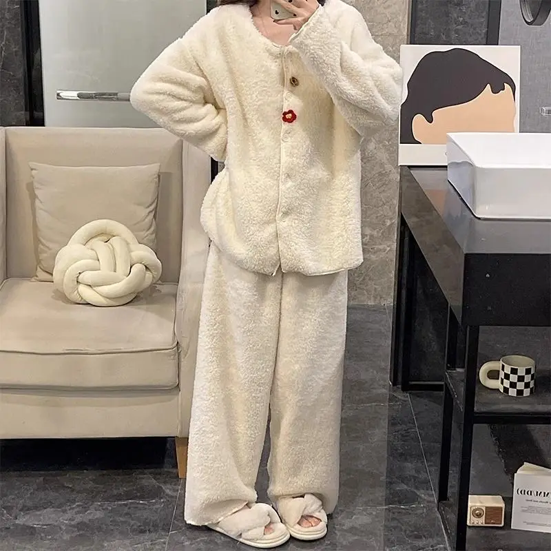 

Пижамный костюм в стиле принцессы, женский весенне-осенний теплый ночной костюм, минималистичная фланелевая одежда для сна для девочек, домашняя одежда из кораллового флиса