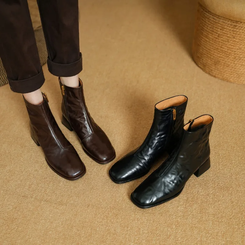 

Новинка 2025, женская обувь, ботильоны «Челси», новые зимние кожаные ботильоны на массивном среднем каблуке с квадратным носком, женские ботинки