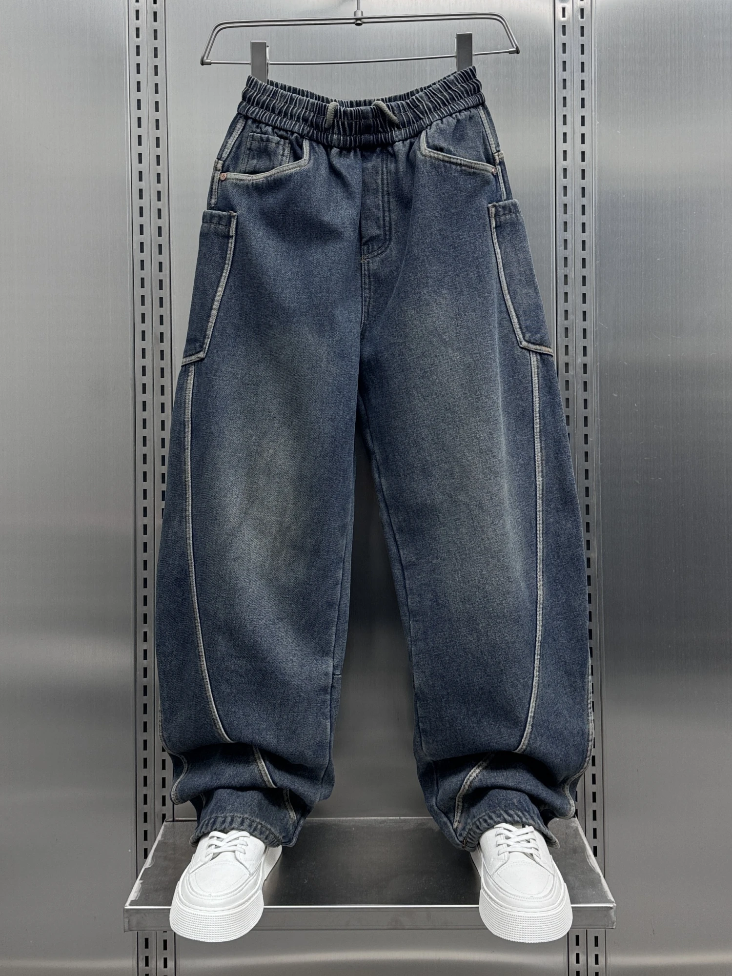 

Washed Denim Jeans Men's 2025 Spring Autumn Style American Casual Drawstring Workwear Straight Leg Loose Fit Youth Trend