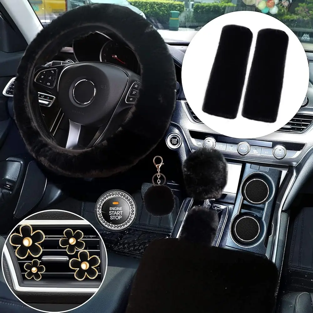 

14-Pack Fluffy Car Accessories Set, Fluffy Steering Wheel Cover Winter Warm Fur Steering Wheel Cover Short Hair Car Decoratio