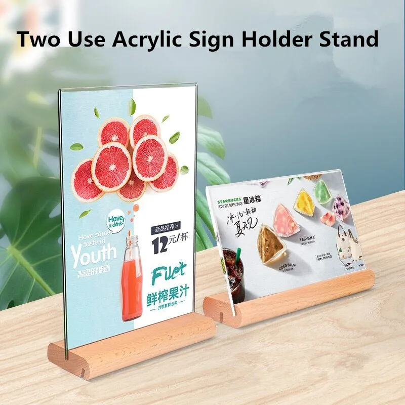 A6 100X150MM T / L Use Wood Base Table Number Place Card Holder Photo Picture Poster Frame Acrylic Sign Holder Display Stand