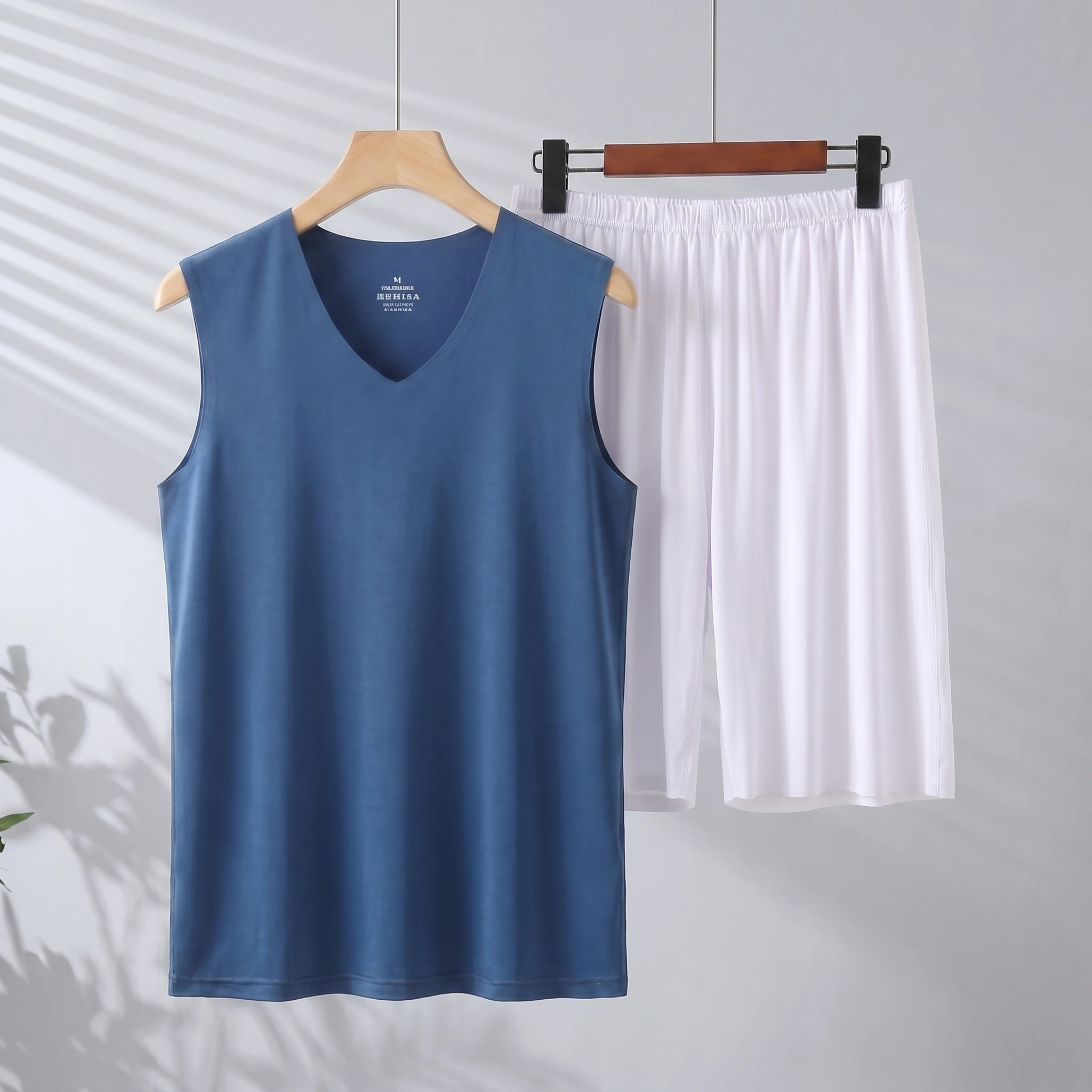 Dark blue vest + white shorts