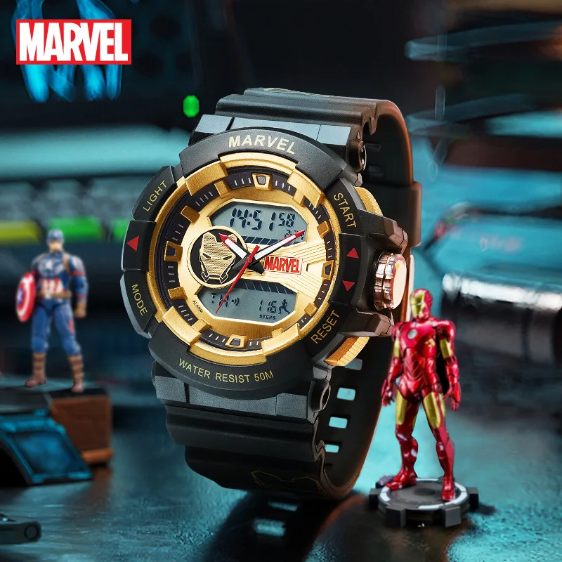 

Disney Marvel Iron Man Dual Display Sport Wristwatch The Avengers Male Multi Functions Stop Watch Hourly Chime Pedometer Venom