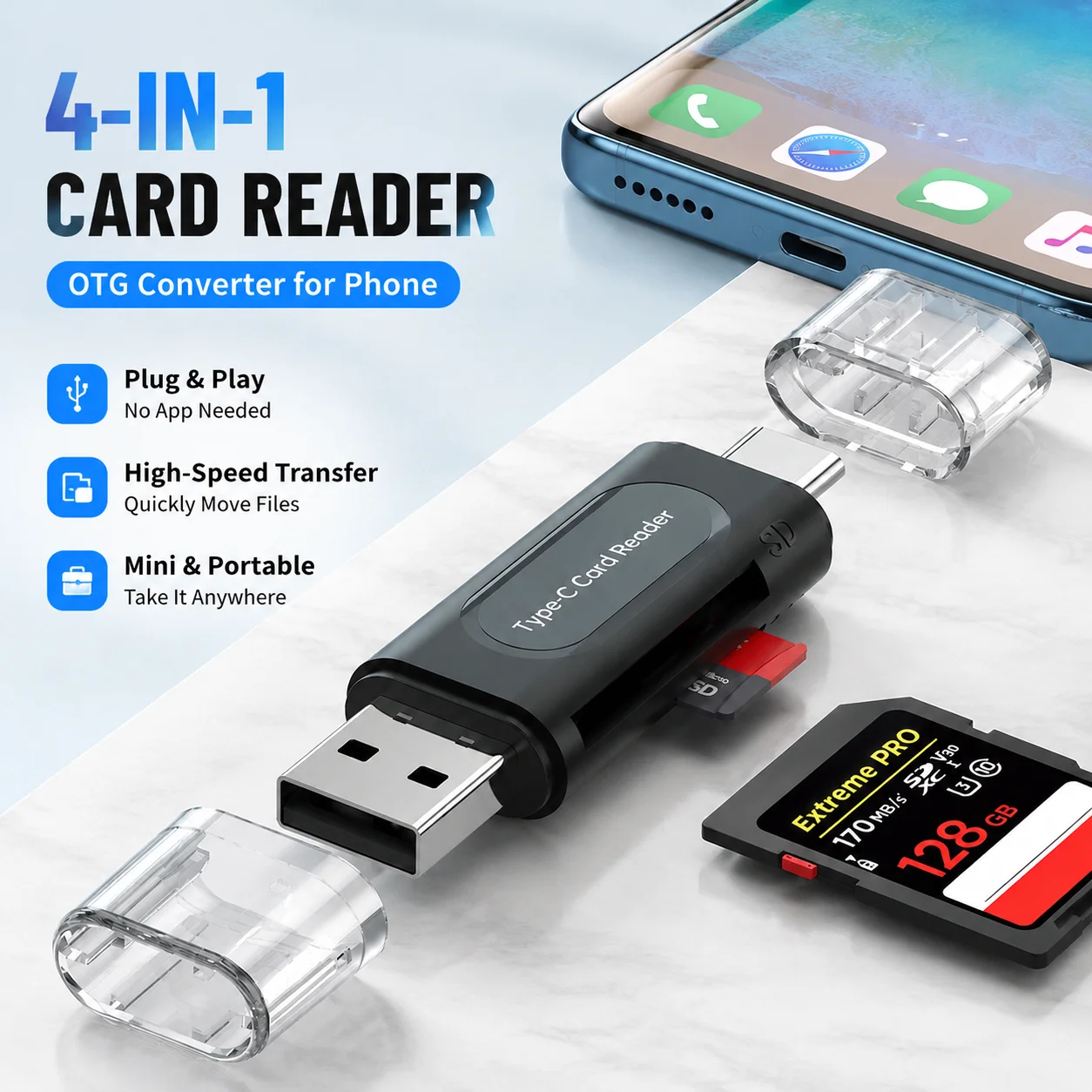 USB 2.0 4-in-1 Mini Memory Card Reader OTG Converter for Phone