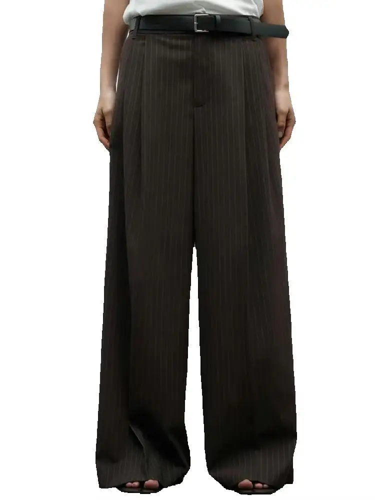 

2025 Fashion Women's Vintage High Quality Straight Stripe Trousers with Belt Office Lady Summer Korean Elegant Wide Leg Pants
