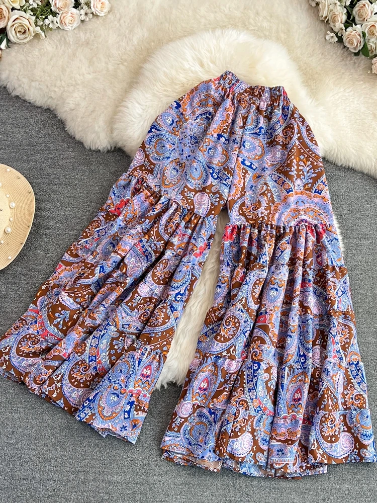 Floral capri calças de perna larga saia verão palazos cintura elástica casual calças largas férias bainha grande queimado calças de praia
