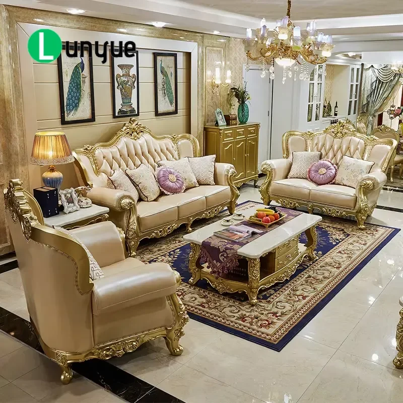 For American Solid Wood Carving Fabric Retro Style Sofa Set European Style Living Room Home Furniture