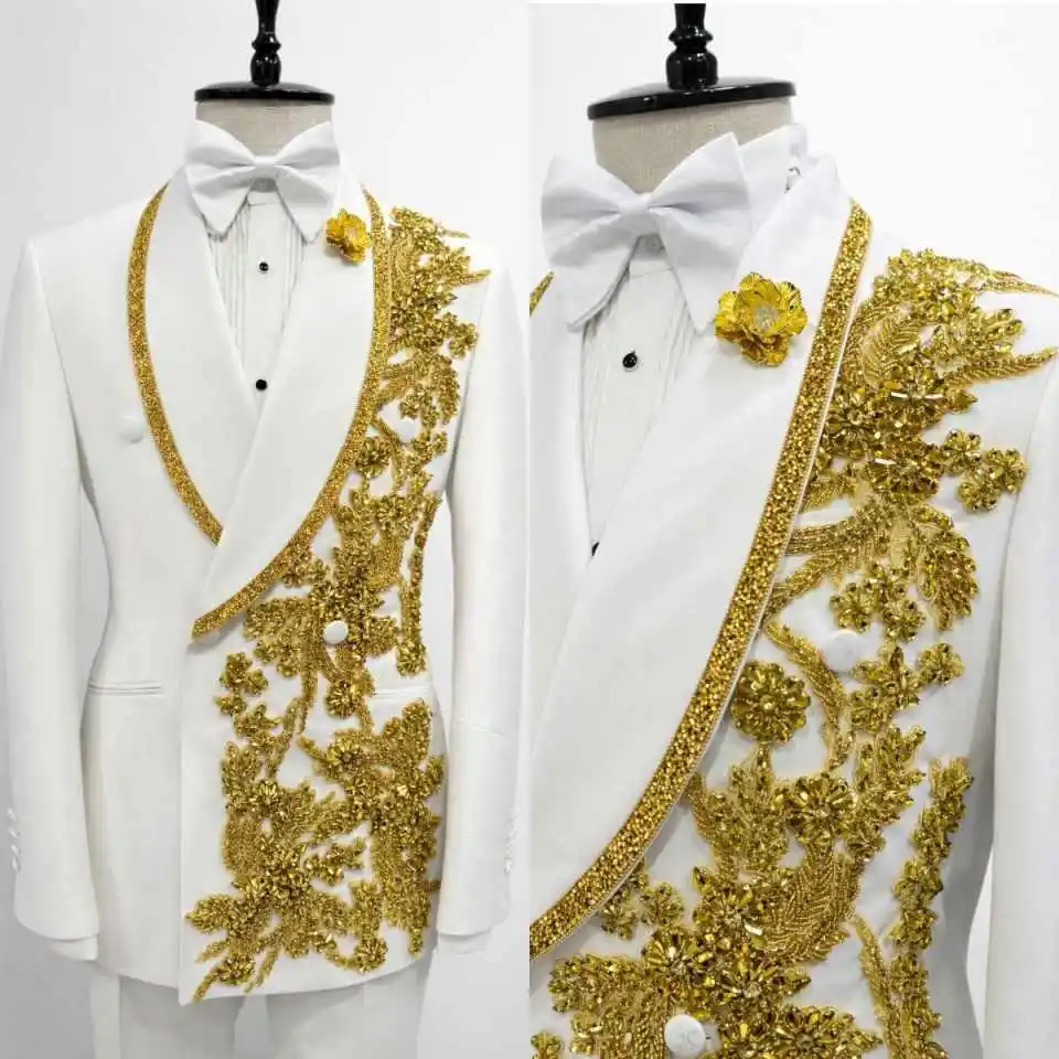 

Luxurious Groom Wedding Tuxedos 2 Pcs Blazer Pants Gold Embroidered Beaded Formal Occasions Prom Banquet Customized