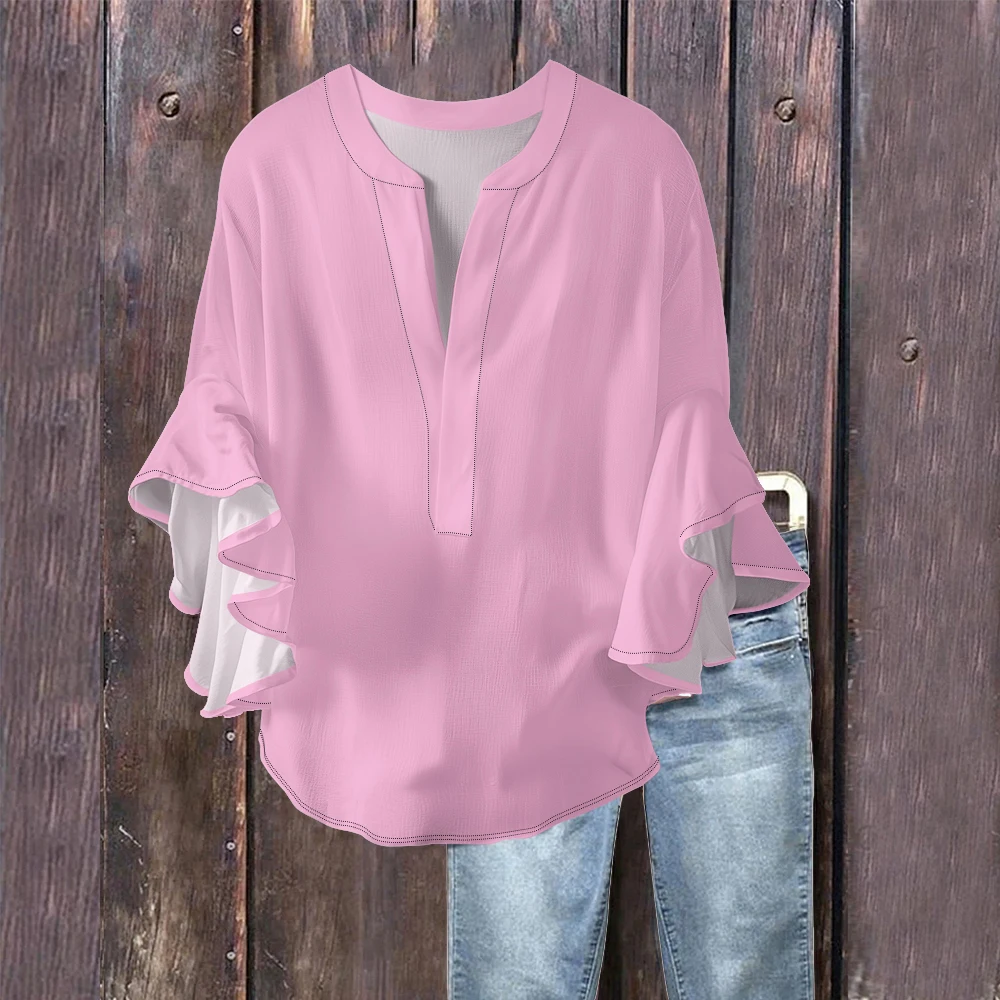 ​ بلوزة نسائية ذات لون نقي، قميص كريب فقاعي باللونين الأزرق الداكن والأبيض مع رقبة على شكل حرف V وأكمام منتفخة مكشكشة، بلوزة كاجوال عصرية أنيقة