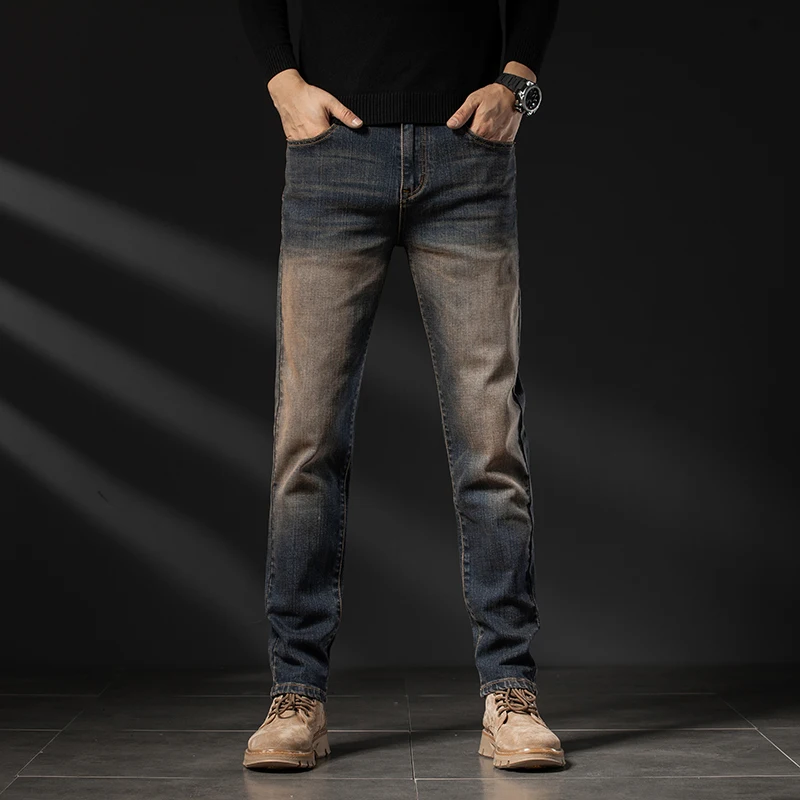 

High Quality Spring and Autumn Retro Grey Slim Fit Small Straight Washed Jeans Casual Elastic Long Pants for Men