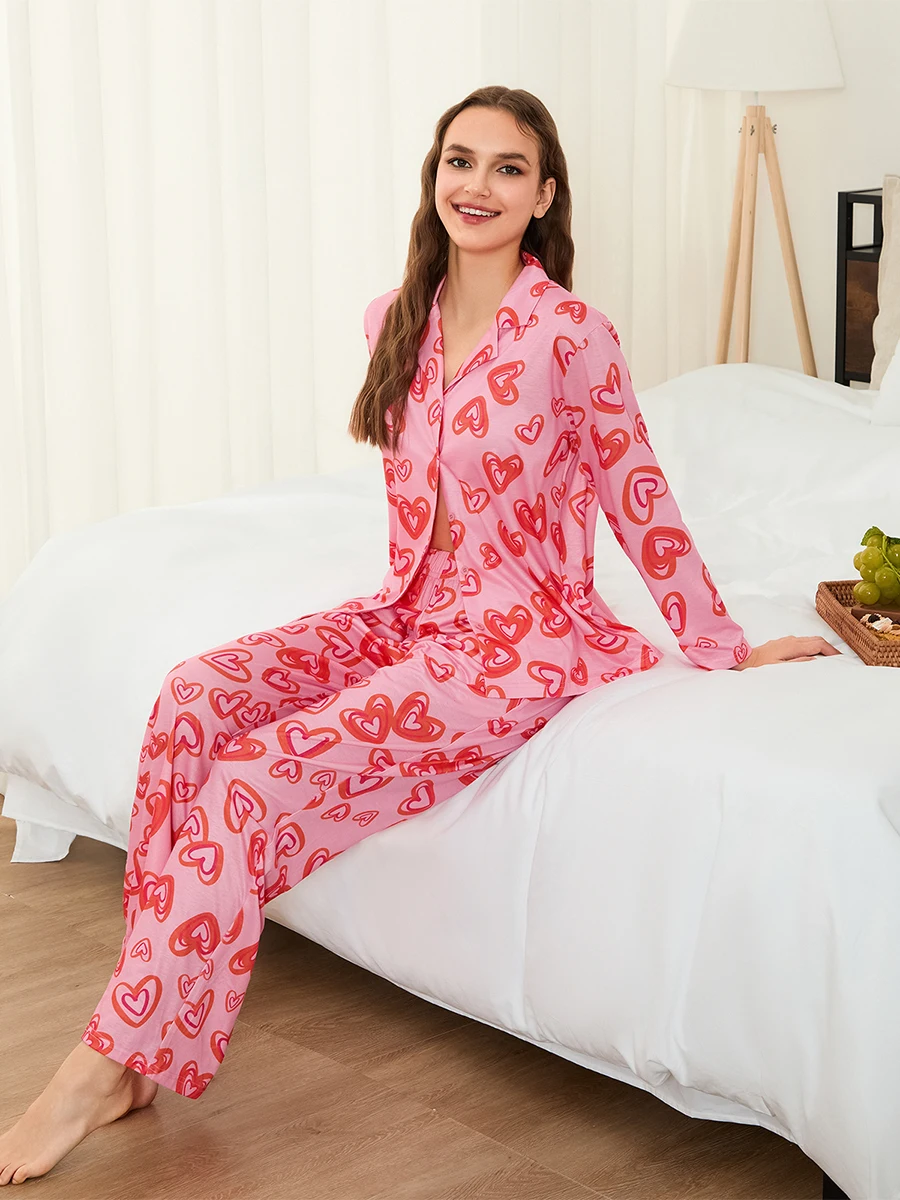 Conjunto de pijamas femininos de 2 peças, manga comprida, lapela, botão, camisa, calças compridas, pijama, dia dos namorados, roupa de dormir casual, conjunto de salão