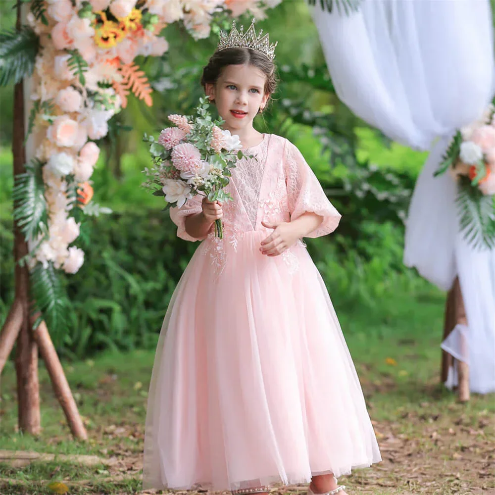 Shiny Lace Appliques O Neck Half Puff Sleeve A Line Flower Girl Dress Ankle Length Luxury Classic Style Communion Gown For Girl