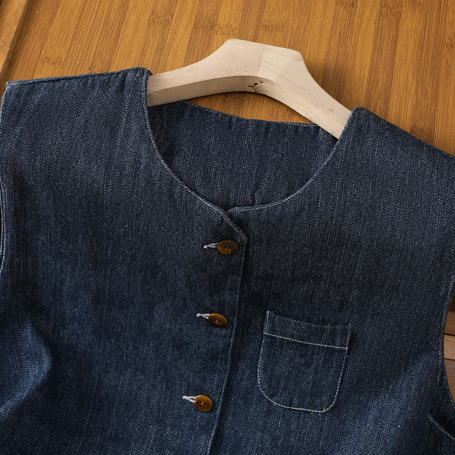 ผู้หญิง O-คอปุ่ม DENIM เสื้อกั๊กฤดูใบไม้ผลิฤดูร้อนเสื้อแขนกุด VINTAGE Outwear COVER UPS TOP