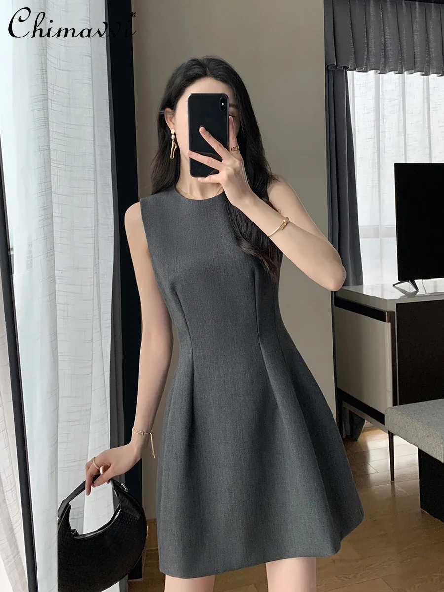 

Fashion Lady Gray Dress 2024 Summer Clothes New Round Neck Waist Temperament Commute Goddess Sleeveless Female Mini Dresses