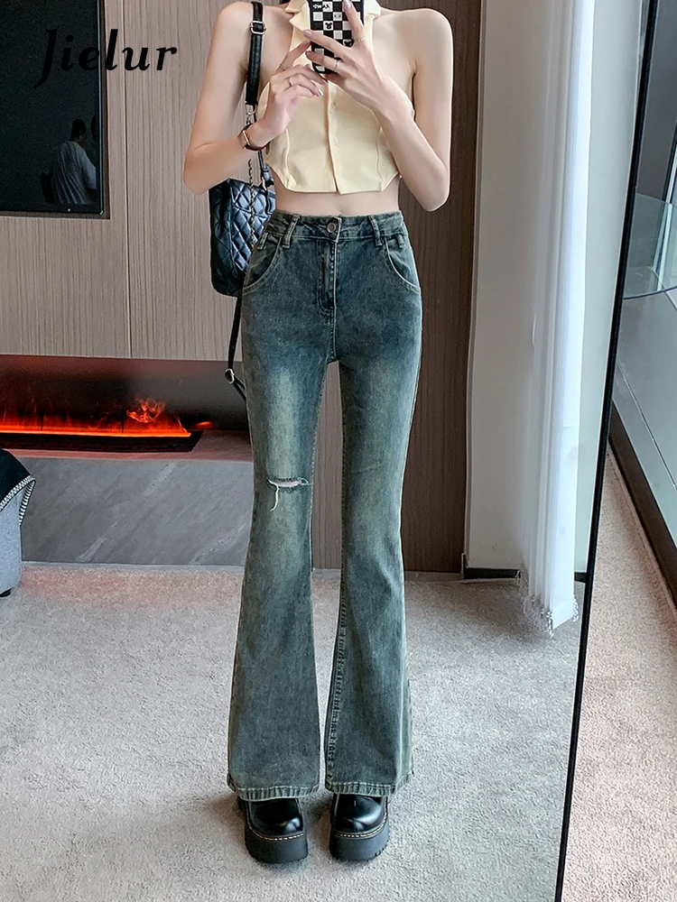 Jielur Sommer neue Vintage amerikanische Frauen Jeans Löcher hohe Taille schlanke Mode Jeans Frau blaue Straße Basis schicke Hosen weiblich