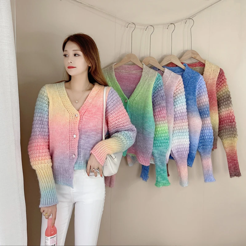 Zoki Elegant Women Rainbow Cardigan Japan Casual Long Sleeve Gradient Knitted Coats Sweet Casual Design Female Fashion Sweaters